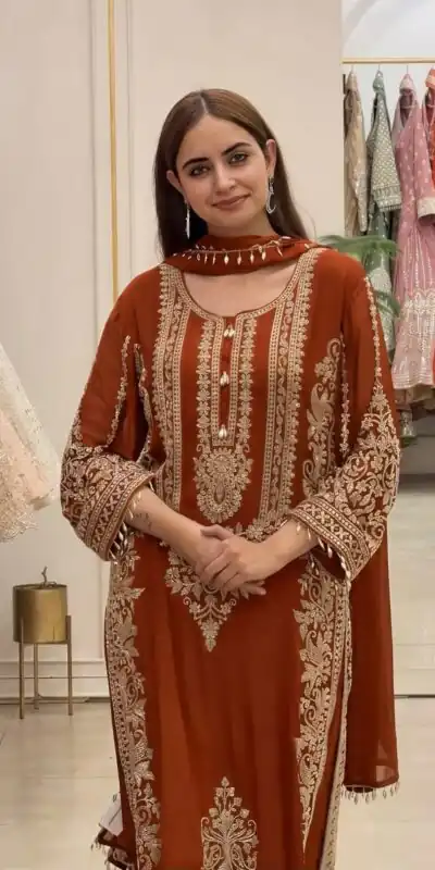 SR 1716 Rust Colour Faux Georgette Salwar Suit with Lace Work. Introductory Price ₹2449. Delivery 4-6 Working Days. Shop now. | Jump Suits, Straight Suits, Casual Suits, Creative suits, Designer Suits, Palazzo Suits, Party Wear Suits, Patiala Suits, Salwar suit