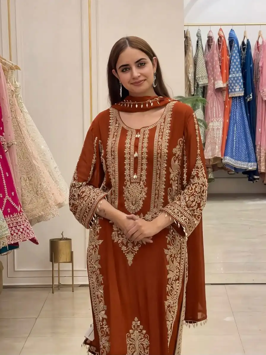 SR 1716 Rust Colour Faux Georgette Salwar Suit with Lace Work. Introductory Price ₹2449. Delivery 4-6 Working Days. Shop now. | Jump Suits, Straight Suits, Casual Suits, Creative suits, Designer Suits, Palazzo Suits, Party Wear Suits, Patiala Suits, Salwar suit