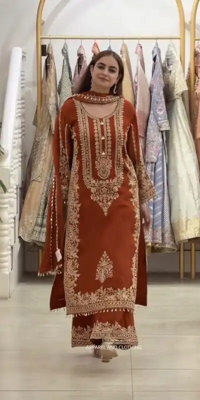 SR 1716 Rust Colour Faux Georgette Salwar Suit with Lace Work. Introductory Price ₹2449. Delivery 4-6 Working Days. Shop now. | Jump Suits, Straight Suits, Casual Suits, Creative suits, Designer Suits, Palazzo Suits, Party Wear Suits, Patiala Suits, Salwar suit