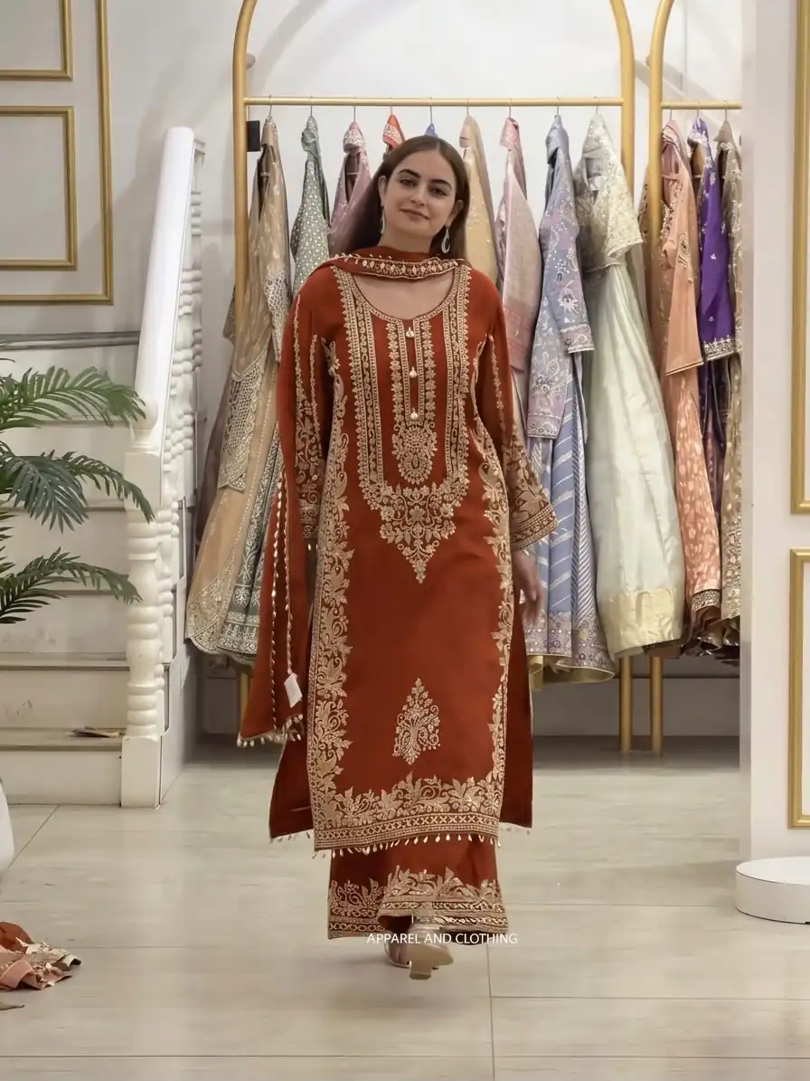 SR 1716 Rust Colour Faux Georgette Salwar Suit with Lace Work. Introductory Price ₹2449. Delivery 4-6 Working Days. Shop now. | Jump Suits, Straight Suits, Casual Suits, Creative suits, Designer Suits, Palazzo Suits, Party Wear Suits, Patiala Suits, Salwar suit