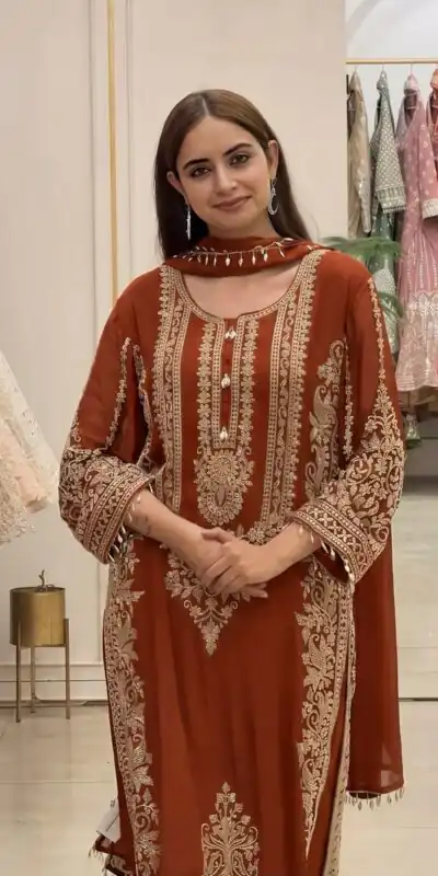 SR 1716 Rust Colour Faux Georgette Salwar Suit with Lace Work. Introductory Price ₹2449. Delivery 4-6 Working Days. Shop now. | Jump Suits, Straight Suits, Casual Suits, Creative suits, Designer Suits, Palazzo Suits, Party Wear Suits, Patiala Suits, Salwar suit