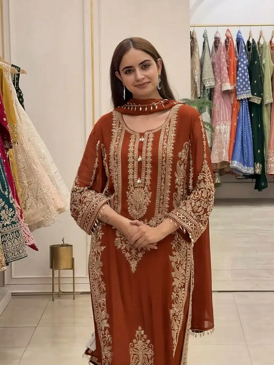SR 1716 Rust Colour Faux Georgette Salwar Suit with Lace Work. Introductory Price ₹2449. Delivery 4-6 Working Days. Shop now. | Jump Suits, Straight Suits, Casual Suits, Creative suits, Designer Suits, Palazzo Suits, Party Wear Suits, Patiala Suits, Salwar suit