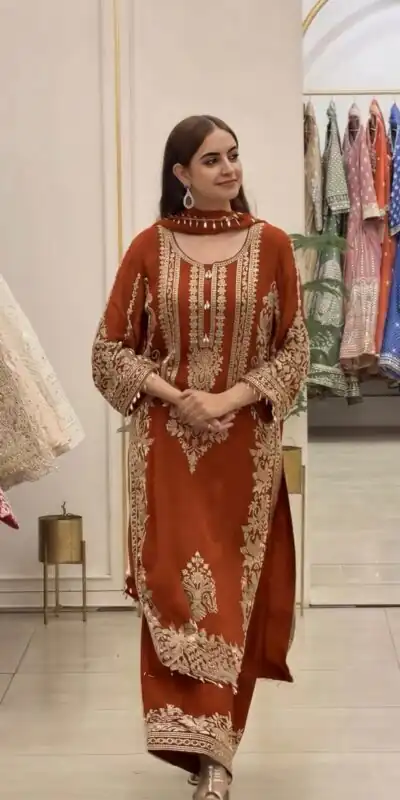 SR 1716 Rust Colour Faux Georgette Salwar Suit with Lace Work. Introductory Price ₹2449. Delivery 4-6 Working Days. Shop now. | Jump Suits, Straight Suits, Casual Suits, Creative suits, Designer Suits, Palazzo Suits, Party Wear Suits, Patiala Suits, Salwar suit