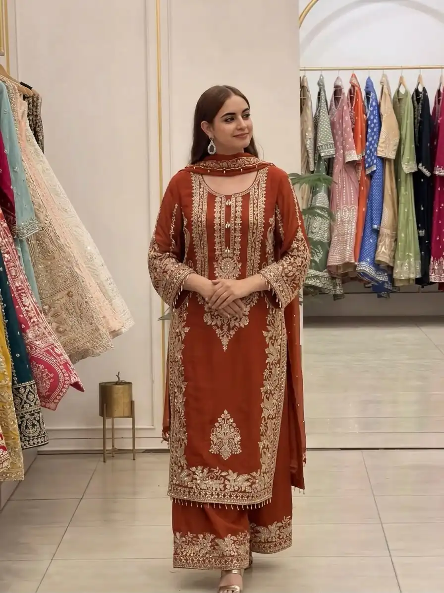 SR 1716 Rust Colour Faux Georgette Salwar Suit with Lace Work. Introductory Price ₹2449. Delivery 4-6 Working Days. Shop now. | Jump Suits, Straight Suits, Casual Suits, Creative suits, Designer Suits, Palazzo Suits, Party Wear Suits, Patiala Suits, Salwar suit