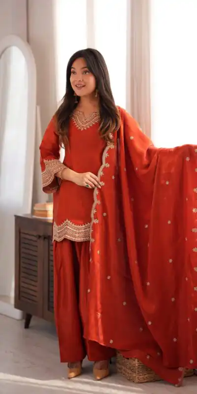 KB 307 Rust in Glass Roman Silk. Sequins Work & Embroidery Work Salwar Suit Festive Deal ₹1999. Delivery 4-6 Working Days. Shop now. | Jump Suits, Straight Suits, Casual Suits, Creative suits, Designer Suits, Palazzo Suits, Party Wear Suits, Patiala Suits, Salwar suit