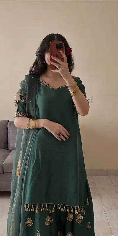 MF 535 Teal Green Aada Slab Silk Salwar Suit with Embroidery Work & Mirror Work. Festive Deal ₹2399. Delivery 4-6 Working Days. Shop now. | Jump Suits, Straight Suits, Casual Suits, Creative suits, Designer Suits, Palazzo Suits, Party Wear Suits, Patiala Suits, Salwar suit