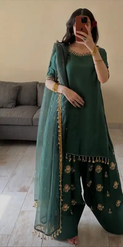 MF 535 Teal Green Aada Slab Silk Salwar Suit with Embroidery Work & Mirror Work. Festive Deal ₹2399. Delivery 4-6 Working Days. Shop now. | Jump Suits, Straight Suits, Casual Suits, Creative suits, Designer Suits, Palazzo Suits, Party Wear Suits, Patiala Suits, Salwar suit