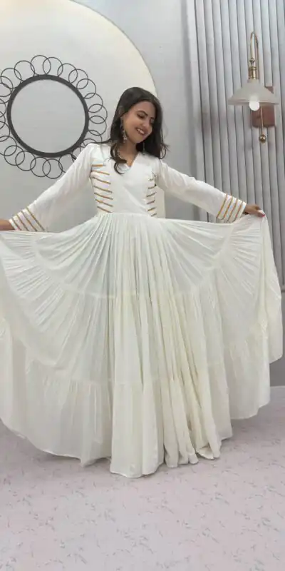 PC 590 White in Color Pure Cotton ace Work Gown . Wedding, Party, Festive, Events Get it for ₹2449. Delivery 4-6 Working Days. Best Online Shop now. | Bollywood Gowns, Creative Gowns, Designer Gowns, Embroidered Gowns, Gowns, Party Wear Gowns