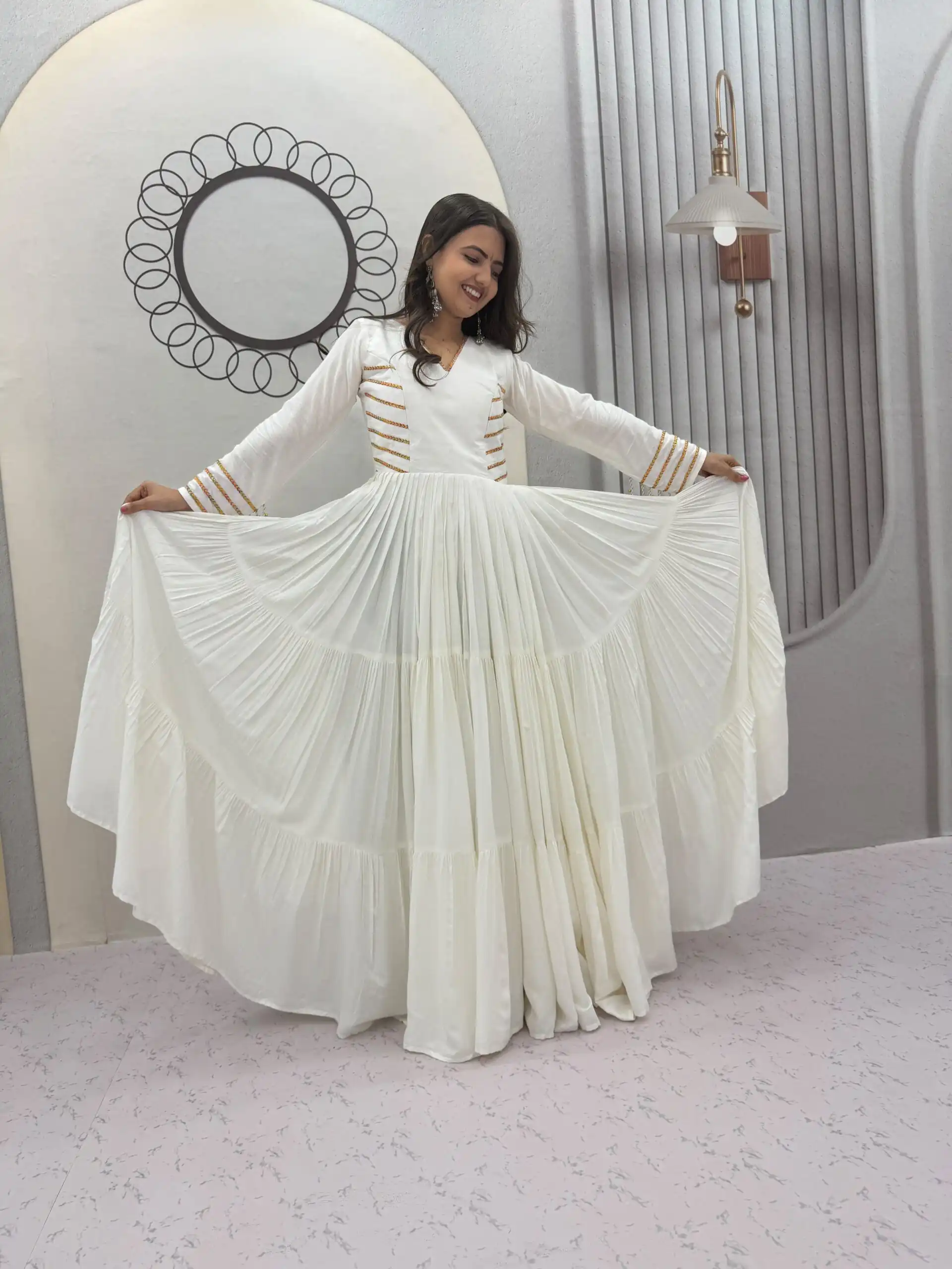 PC 590 White in Color Pure Cotton ace Work Gown . Wedding, Party, Festive, Events Get it for ₹2449. Delivery 4-6 Working Days. Best Online Shop now. | Bollywood Gowns, Creative Gowns, Designer Gowns, Embroidered Gowns, Gowns, Party Wear Gowns