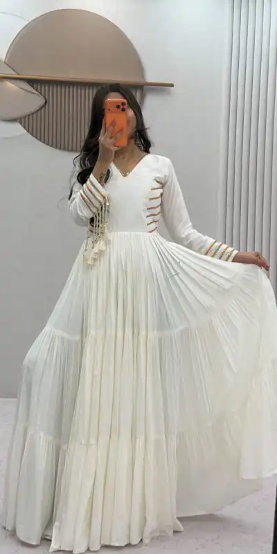 PC 590 White in Color Pure Cotton ace Work Gown . Wedding, Party, Festive, Events Get it for ₹2449. Delivery 4-6 Working Days. Best Online Shop now. | Bollywood Gowns, Creative Gowns, Designer Gowns, Embroidered Gowns, Gowns, Party Wear Gowns