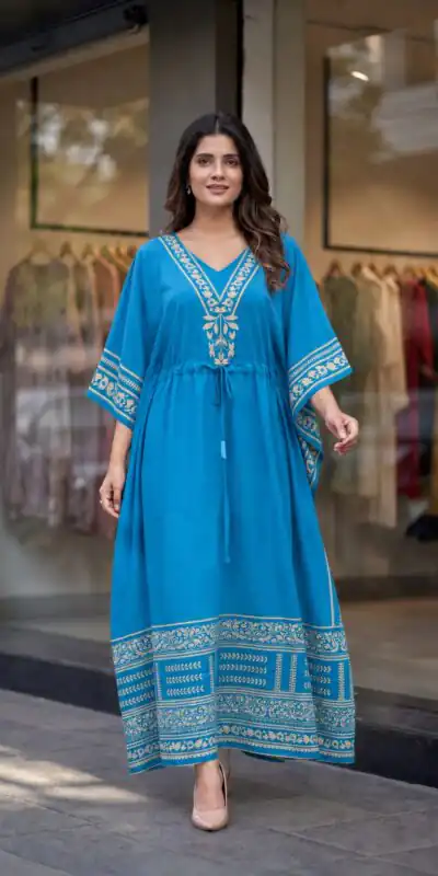 INLI Kaftan vol 7.0 Trendy Blue French Crape Prints Kaftan Kurti . Get it for ₹1399. Delivery 4-6 Working Days. Shop now. | Bollywood Kurti, Creative Kurtis, Designer Kurti, Kurti, Party Wear Kurti, Selfie Kurti