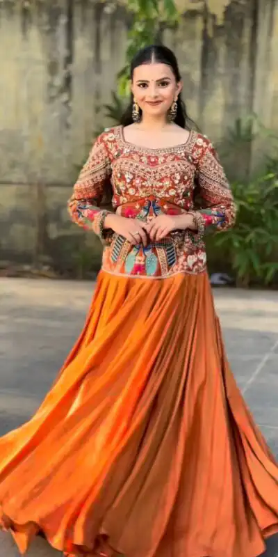 PC 579 Orange Chinon silk Lehenga Choli with Sequins Work & Embroidery Work. Now at just ₹2749. Delivery 4-6 Working Days. Shop now. | Bollywood Lehenga, Creative Lehenga, Designer Lehenga, Embroidered Lehenga, Lehenga, Party Wear Lehenga