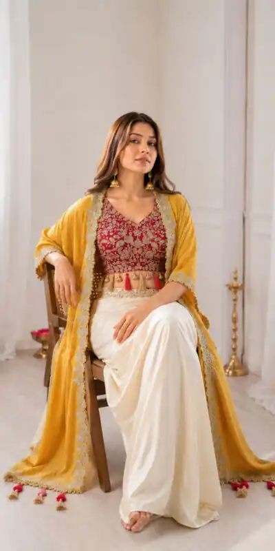 Perfect for Wedding, Party, Festival Celebrations, Holi, Pooja – BB 48 Yellow Yellow Crepe Silk Dhoti Suit. Introductory Price ₹2099. Delivery 4-6 Working | Jump Suits, Straight Suits, Casual Suits, Creative suits, Designer Suits, Palazzo Suits, Party Wear Suits, Patiala Suits, Salwar suit