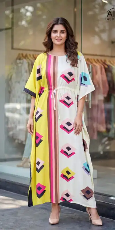 INLI Kaftan vol 7.0 Trendy Yellow French Crape Prints Kaftan Kurti . Get it for ₹1399. Delivery 4-6 Working Days. Shop now. | Bollywood Kurti, Creative Kurtis, Designer Kurti, Kurti, Party Wear Kurti, Selfie Kurti