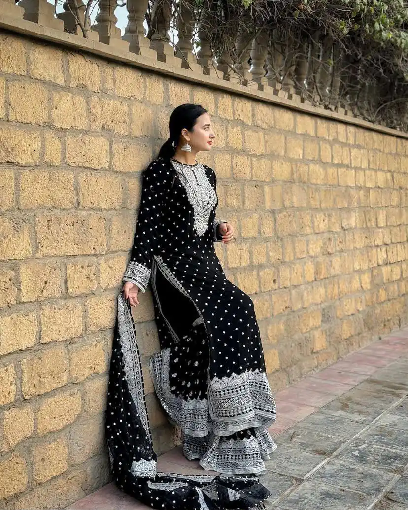 ZB 5064 Black Faux Georgette Salwar Suit with Embroidery Work. Available at ₹2049 only. Delivery 4-6 Working Days. Shop now. | Jump Suits, Straight Suits, Casual Suits, Creative suits, Designer Suits, Palazzo Suits, Party Wear Suits, Patiala Suits, Salwar suit