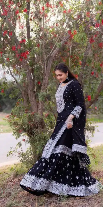 ZB 5064 Black Faux Georgette Salwar Suit with Embroidery Work. Available at ₹2049 only. Delivery 4-6 Working Days. Shop now. | Jump Suits, Straight Suits, Casual Suits, Creative suits, Designer Suits, Palazzo Suits, Party Wear Suits, Patiala Suits, Salwar suit