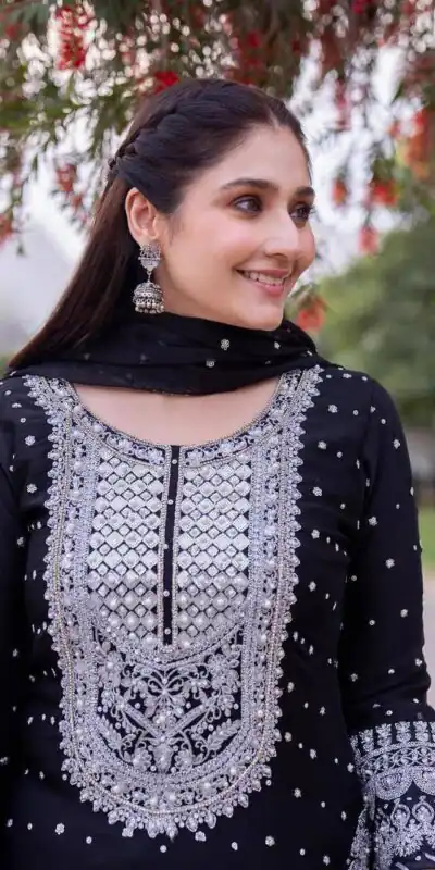 ZB 5064 Black Faux Georgette Salwar Suit with Embroidery Work. Available at ₹2049 only. Delivery 4-6 Working Days. Shop now. | Jump Suits, Straight Suits, Casual Suits, Creative suits, Designer Suits, Palazzo Suits, Party Wear Suits, Patiala Suits, Salwar suit