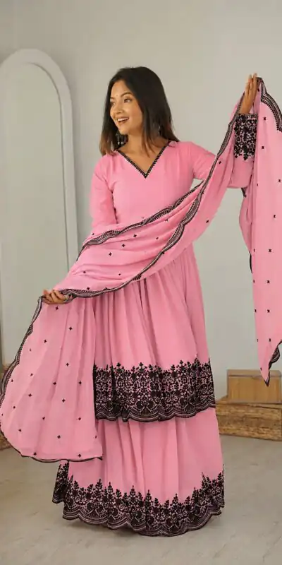 SP 71 Dusty Pink Faux Georgette Salwar Suit with Embroidery Work. Available at ₹2499 only. Delivery 4-6 Working Days. Shop now. | Jump Suits, Straight Suits, Casual Suits, Creative suits, Designer Suits, Palazzo Suits, Party Wear Suits, Patiala Suits, Salwar suit
