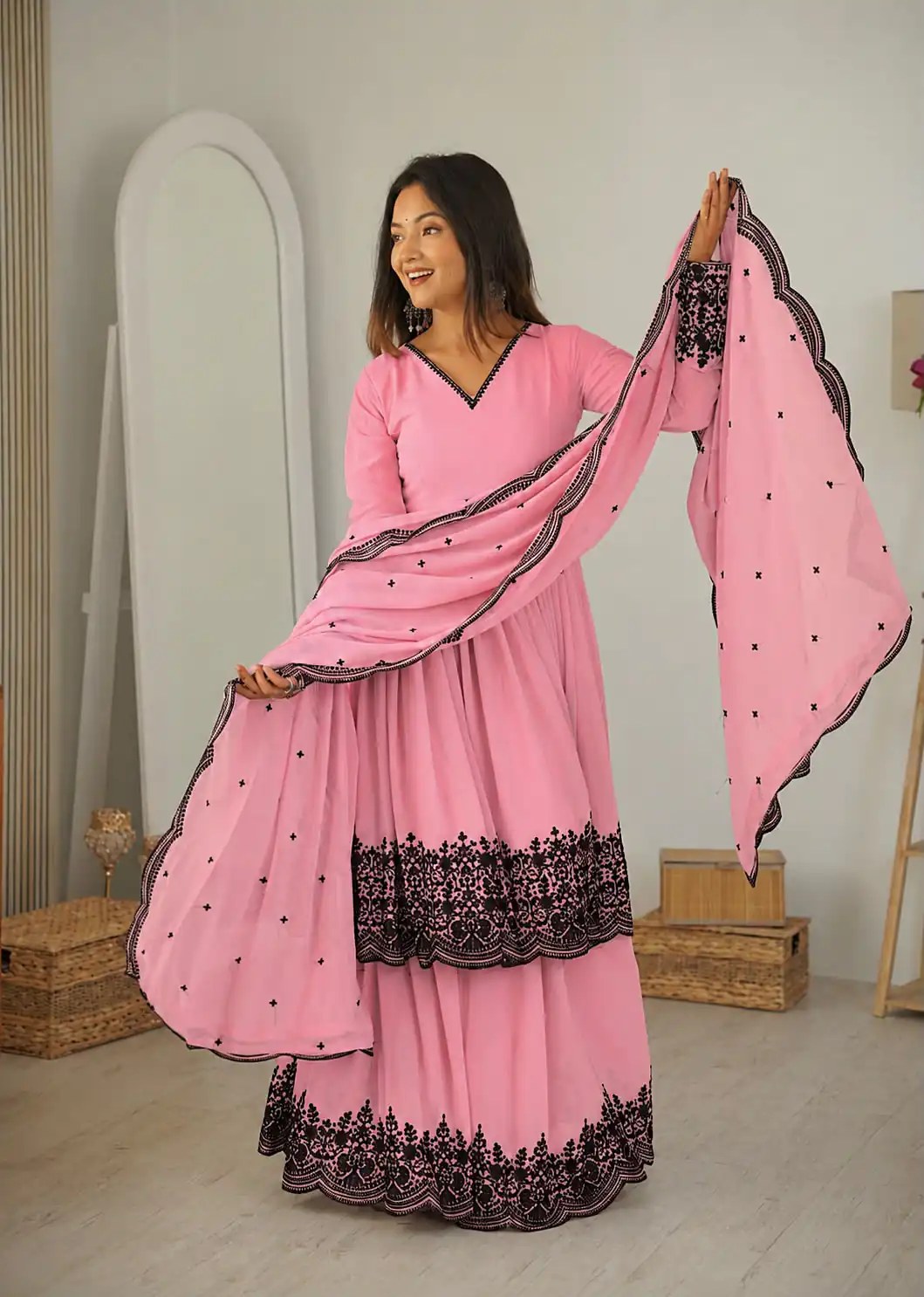 SP 71 Dusty Pink Faux Georgette Salwar Suit with Embroidery Work. Available at ₹2499 only. Delivery 4-6 Working Days. Shop now. | Jump Suits, Straight Suits, Casual Suits, Creative suits, Designer Suits, Palazzo Suits, Party Wear Suits, Patiala Suits, Salwar suit