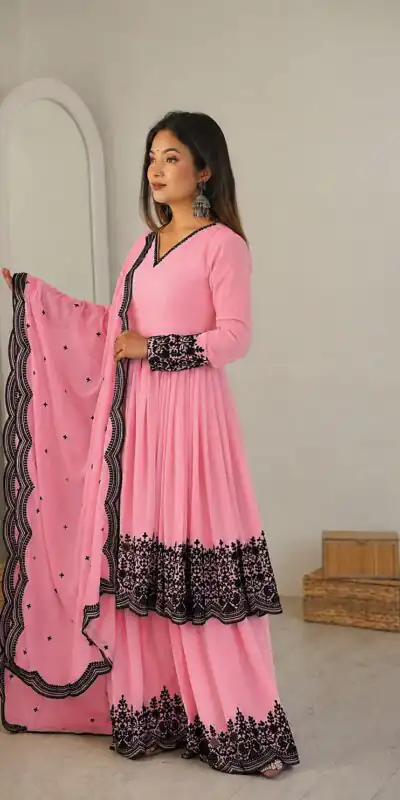 SP 71 Dusty Pink Faux Georgette Salwar Suit with Embroidery Work. Available at ₹2499 only. Delivery 4-6 Working Days. Shop now. | Jump Suits, Straight Suits, Casual Suits, Creative suits, Designer Suits, Palazzo Suits, Party Wear Suits, Patiala Suits, Salwar suit