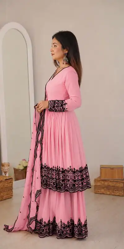 SP 71 Dusty Pink Faux Georgette Salwar Suit with Embroidery Work. Available at ₹2499 only. Delivery 4-6 Working Days. Shop now. | Jump Suits, Straight Suits, Casual Suits, Creative suits, Designer Suits, Palazzo Suits, Party Wear Suits, Patiala Suits, Salwar suit