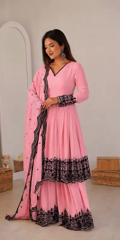 SP 71 Dusty Pink Faux Georgette Salwar Suit with Embroidery Work. Available at ₹2499 only. Delivery 4-6 Working Days. Shop now. | Jump Suits, Straight Suits, Casual Suits, Creative suits, Designer Suits, Palazzo Suits, Party Wear Suits, Patiala Suits, Salwar suit