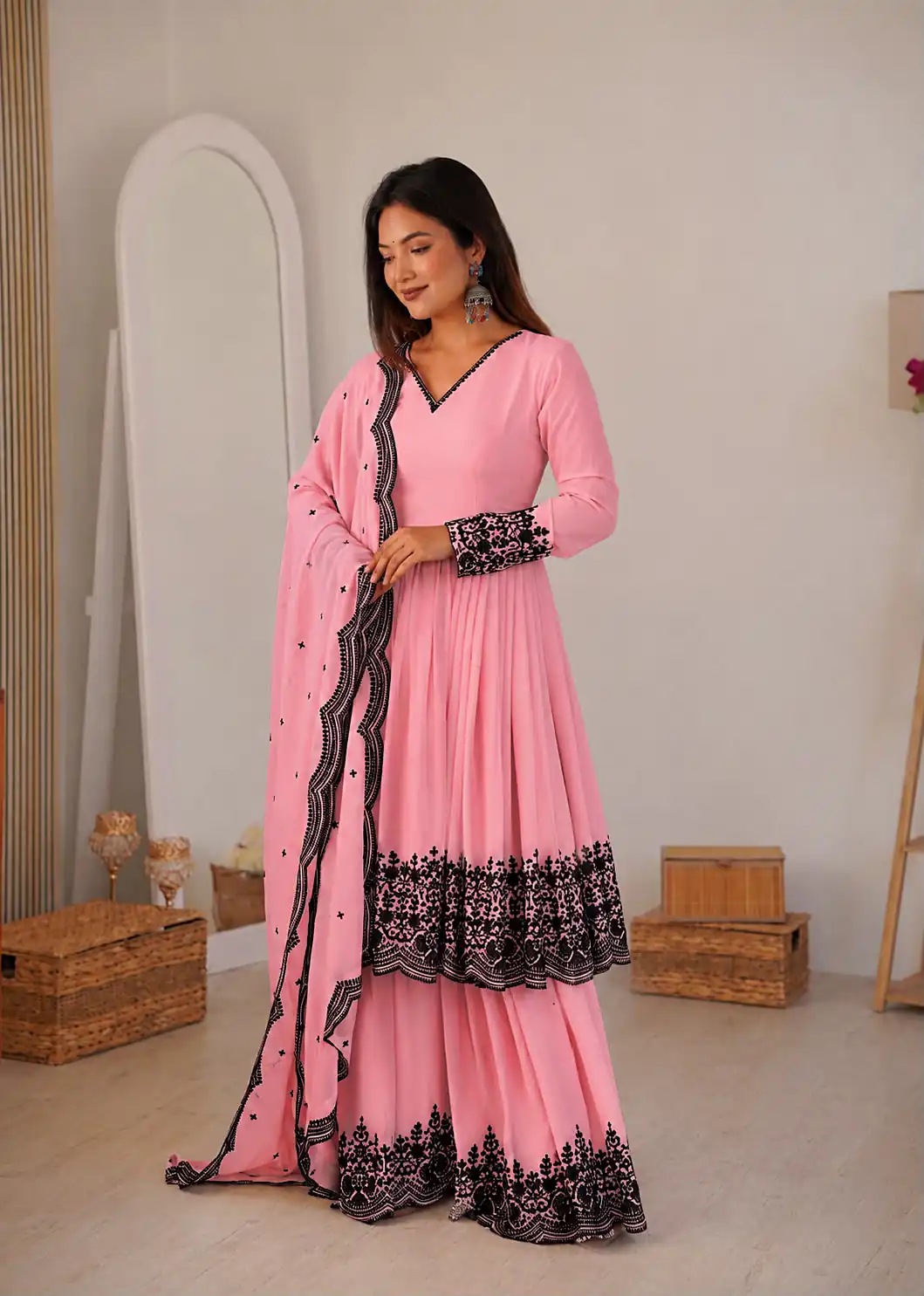 SP 71 Dusty Pink Faux Georgette Salwar Suit with Embroidery Work. Available at ₹2499 only. Delivery 4-6 Working Days. Shop now. | Jump Suits, Straight Suits, Casual Suits, Creative suits, Designer Suits, Palazzo Suits, Party Wear Suits, Patiala Suits, Salwar suit