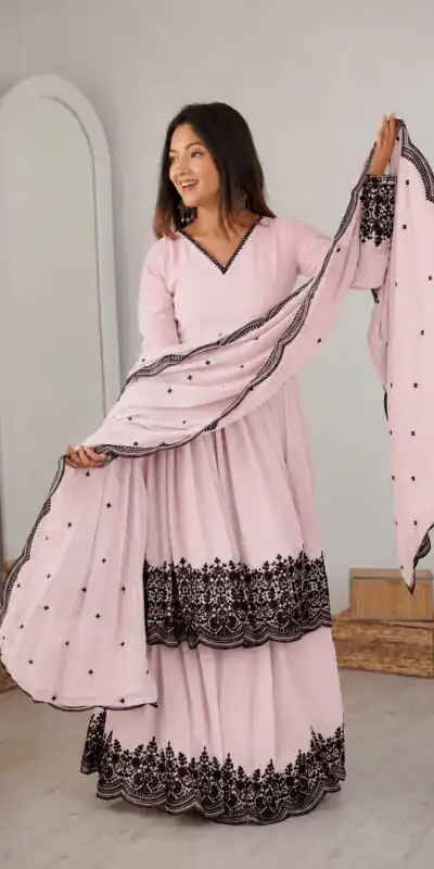 SP 71 Pink Faux Georgette Salwar Suit with Embroidery Work. Available at ₹2499 only. Delivery 4-6 Working Days. Shop now. | Jump Suits, Straight Suits, Casual Suits, Creative suits, Designer Suits, Palazzo Suits, Party Wear Suits, Patiala Suits, Salwar suit