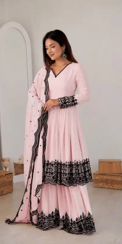 SP 71 Pink Faux Georgette Salwar Suit with Embroidery Work. Available at ₹2499 only. Delivery 4-6 Working Days. Shop now. | Jump Suits, Straight Suits, Casual Suits, Creative suits, Designer Suits, Palazzo Suits, Party Wear Suits, Patiala Suits, Salwar suit