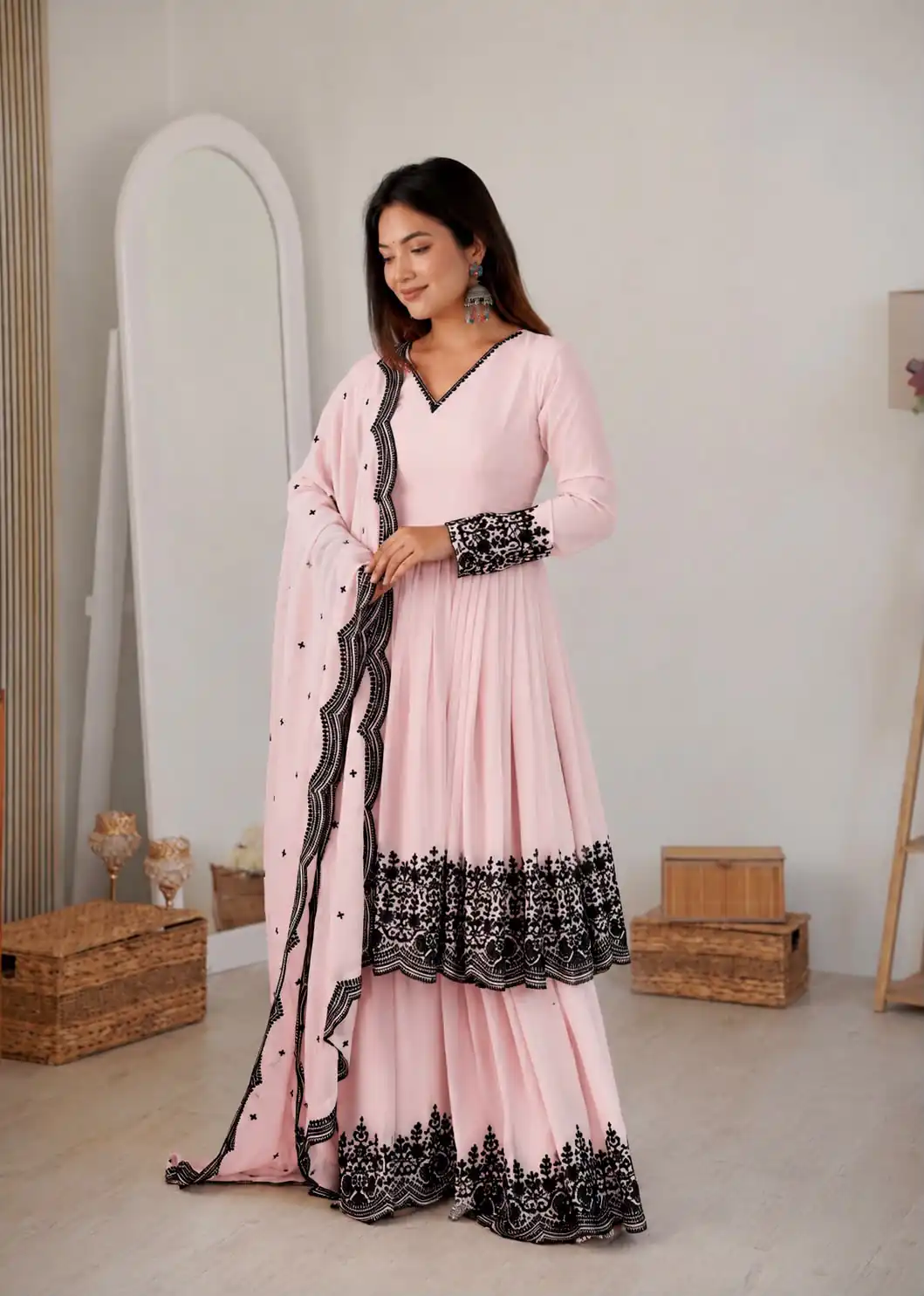 SP 71 Pink Faux Georgette Salwar Suit with Embroidery Work. Available at ₹2499 only. Delivery 4-6 Working Days. Shop now. | Jump Suits, Straight Suits, Casual Suits, Creative suits, Designer Suits, Palazzo Suits, Party Wear Suits, Patiala Suits, Salwar suit