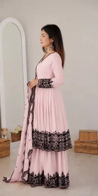 SP 71 Pink Faux Georgette Salwar Suit with Embroidery Work. Available at ₹2499 only. Delivery 4-6 Working Days. Shop now. | Jump Suits, Straight Suits, Casual Suits, Creative suits, Designer Suits, Palazzo Suits, Party Wear Suits, Patiala Suits, Salwar suit