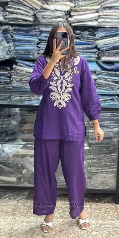 MF 1128 Purple | Color Tesla Cotton Kurti with Embroidery Work. Festive Deal ₹1449. Delivery 4-6 Working Days. Online Shop now. | Bollywood Kurti, Creative Kurtis, Designer Kurti, Kurti, Party Wear Kurti, Selfie Kurti