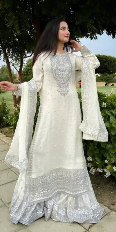 ZB 5064 White Faux Georgette Salwar Suit with Embroidery Work. Available at ₹2049 only. Delivery 4-6 Working Days. Shop now. | Jump Suits, Straight Suits, Casual Suits, Creative suits, Designer Suits, Palazzo Suits, Party Wear Suits, Patiala Suits, Salwar suit