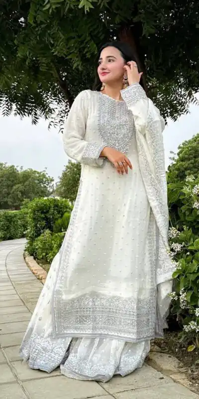 ZB 5064 White Faux Georgette Salwar Suit with Embroidery Work. Available at ₹2049 only. Delivery 4-6 Working Days. Shop now. | Jump Suits, Straight Suits, Casual Suits, Creative suits, Designer Suits, Palazzo Suits, Party Wear Suits, Patiala Suits, Salwar suit