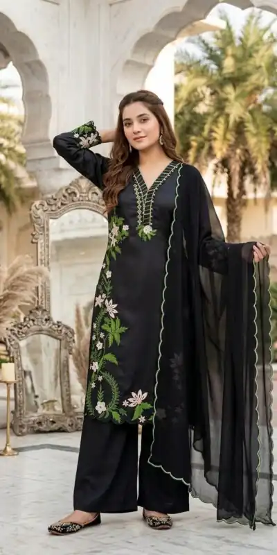 Alternative view of Aglow Black Roman Silk Embroidery Work Salwar Suit