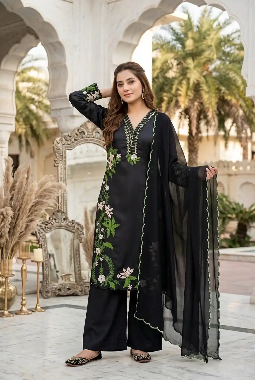 Aglow Black Roman Silk Embroidery Work Salwar Suit - Image 2