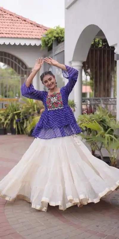 Aglow Blue Kora Cotton Kutchi Patch Work Lehenga Choli