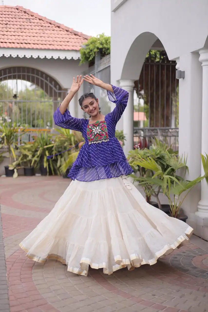 Aglow Blue Kora Cotton Kutchi Patch Work Lehenga Choli