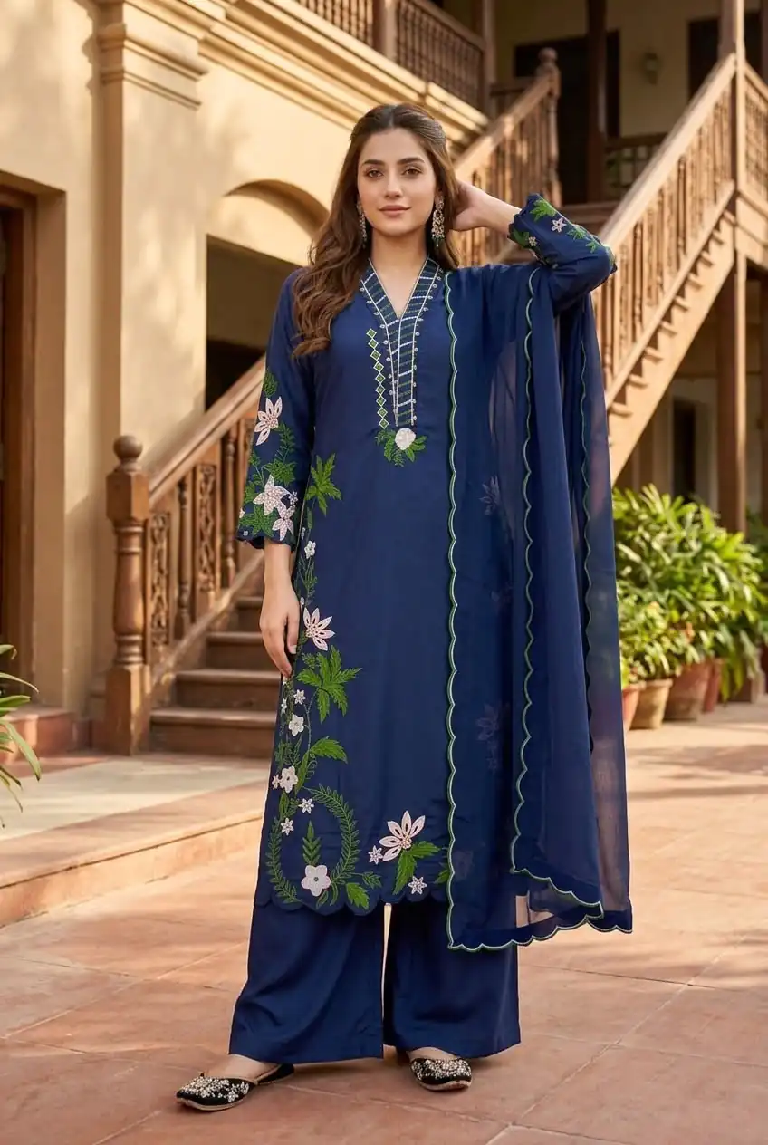 Aglow Blue Roman Silk Embroidery Work Salwar Suit - Image 4