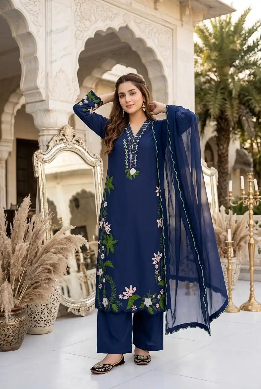 Aglow Blue Roman Silk Embroidery Work Salwar Suit - Image 2