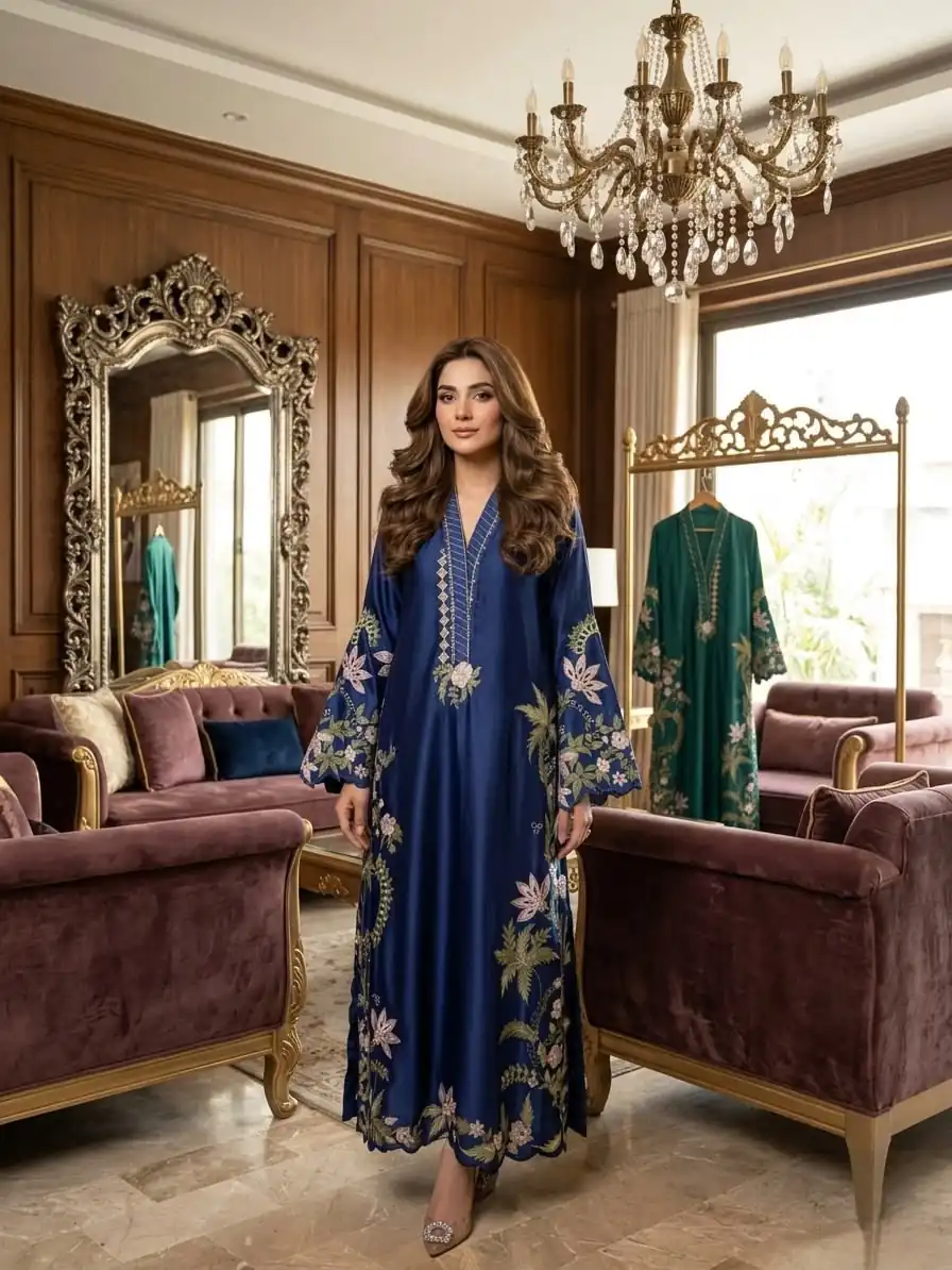 Aglow Blue Roman Silk Embroidery Work Salwar Suit
