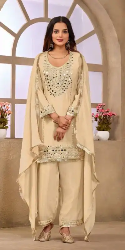 Alternative view of Aglow Cream Chinon Silk Mirror Work Salwar Suit