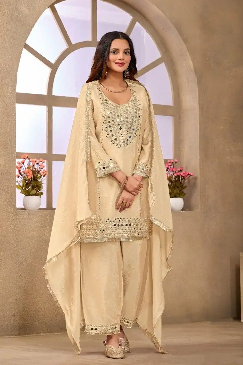 Aglow Cream Chinon Silk Mirror Work Salwar Suit