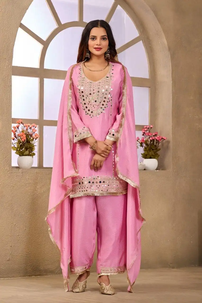 Aglow Pink Chinon Silk Mirror Work Salwar Suit - Image 2