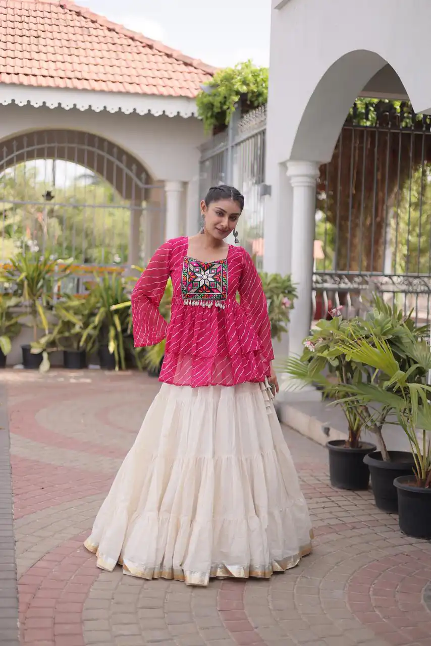 Aglow Pink Kora Cotton Kutchi Patch Work Lehenga Choli - Image 4
