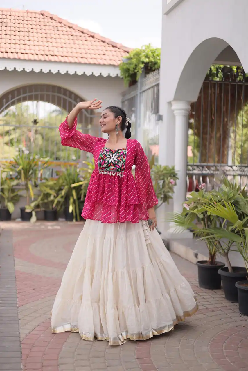 Aglow Pink Kora Cotton Kutchi Patch Work Lehenga Choli - Image 3