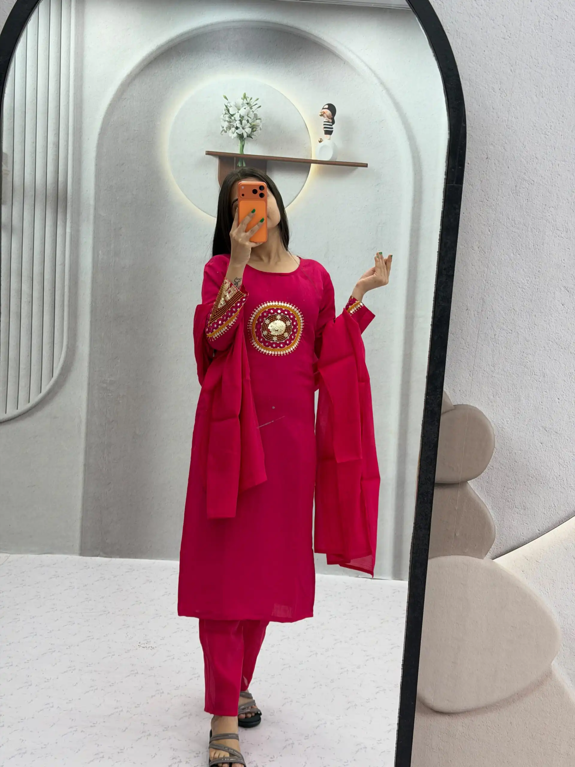 Aglow Pink Roman Silk Hand Work Salwar Suit - Image 5