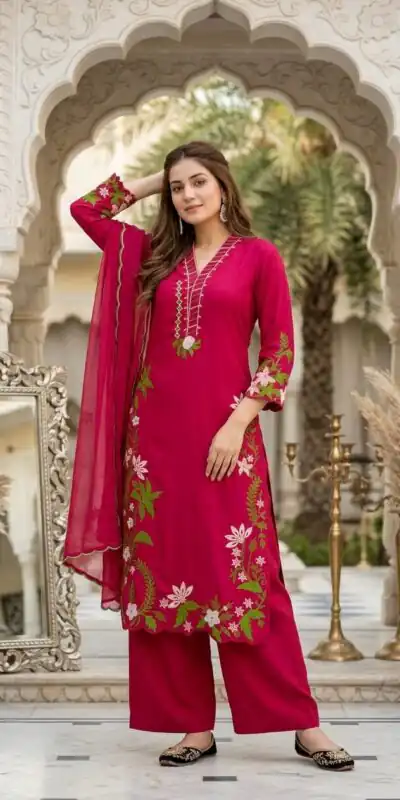 Alternative view of Aglow Red Roman Silk Embroidery Work Salwar Suit
