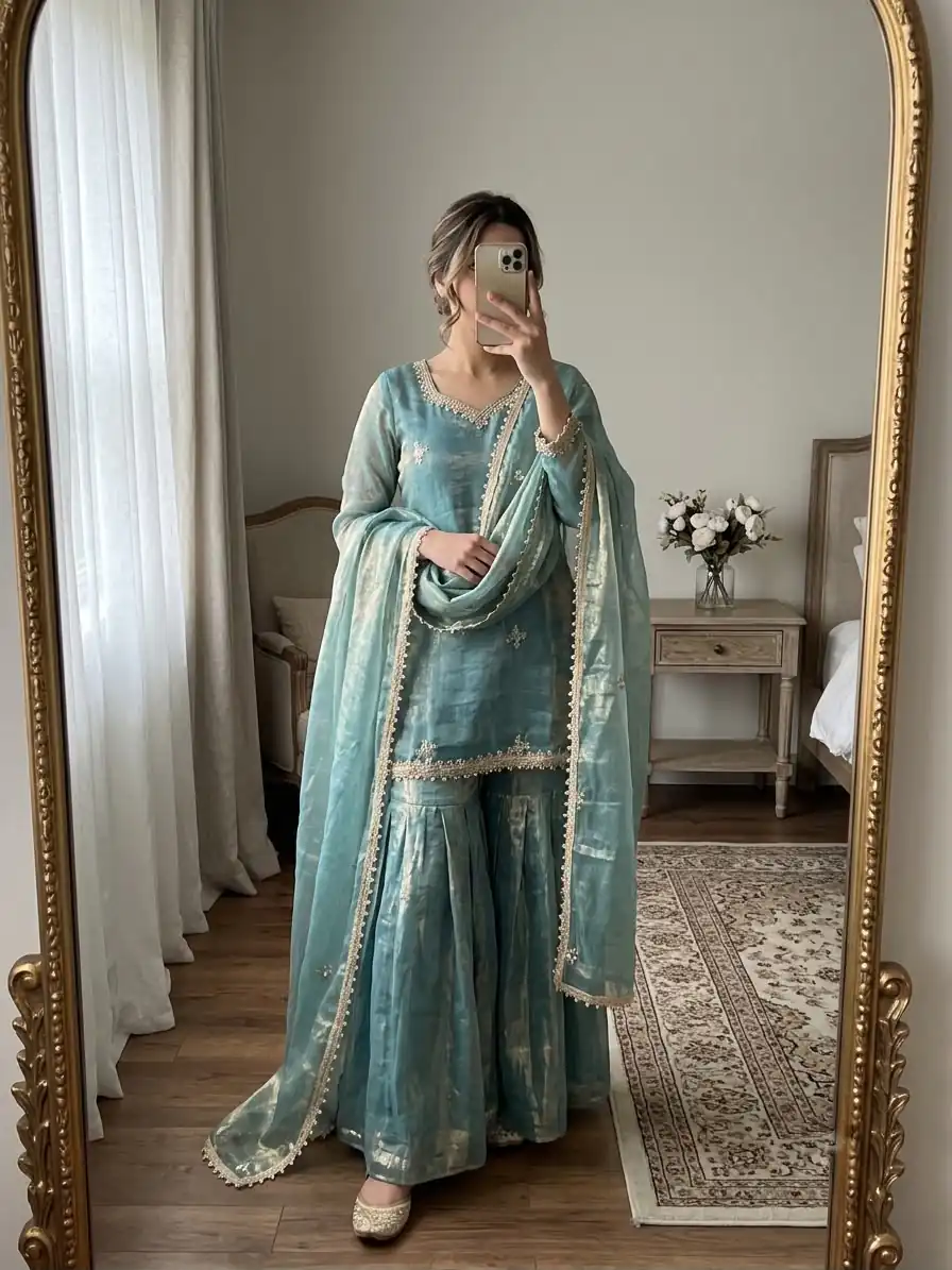 Aglow Teal Fendy Silk ⁠Embroidery Work Salwar Suit - Image 8