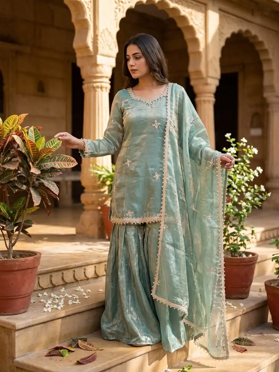 Aglow Teal Fendy Silk ⁠Embroidery Work Salwar Suit - Image 4